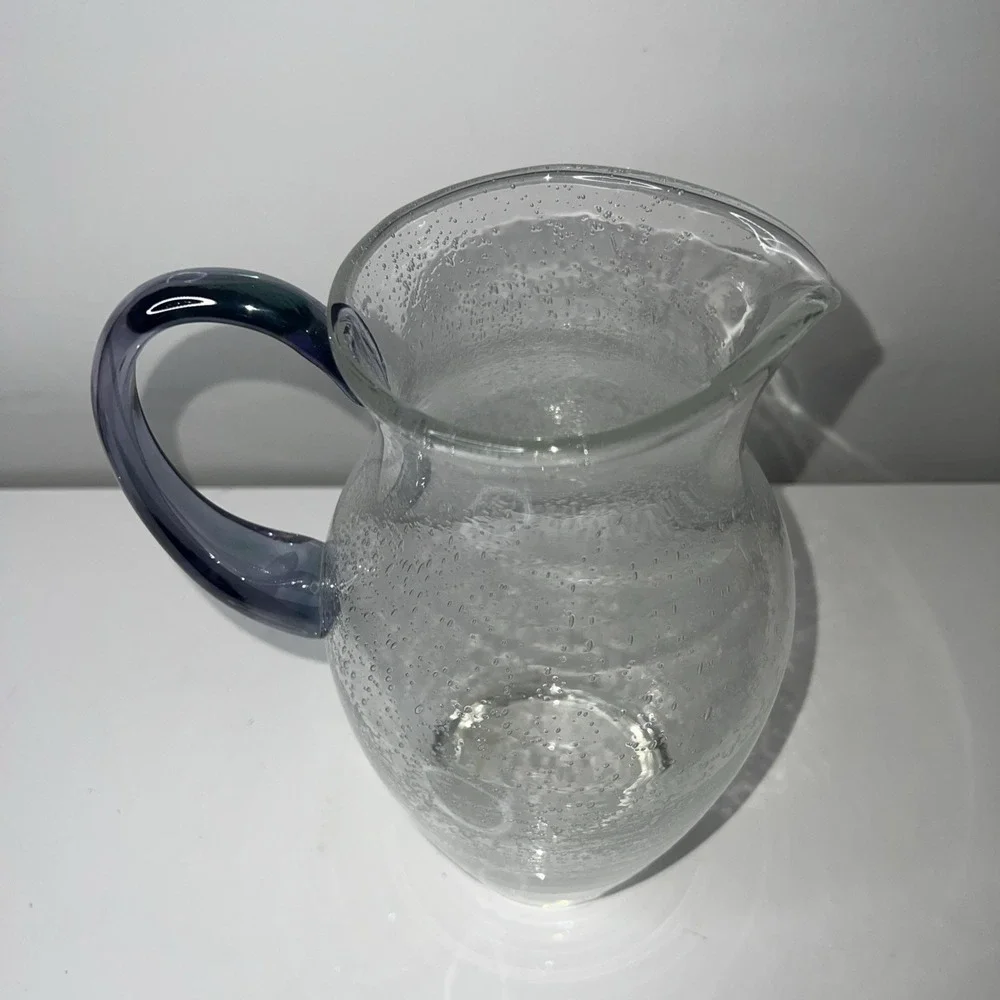 10/Vtg Pottery Barn Blown Bubble Glass Pitcher  Blue Stem Goblets Set of 4 HEAVY